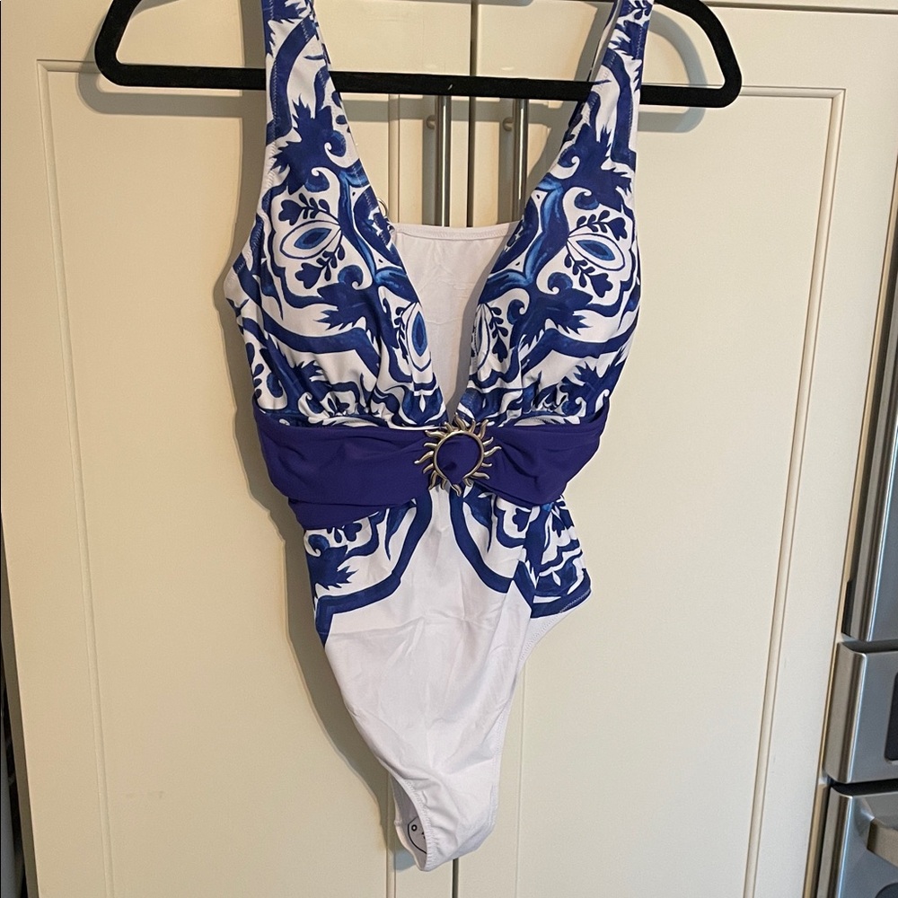 Blue and White Patterned One-Piece Swimsuit with Matching Sarong